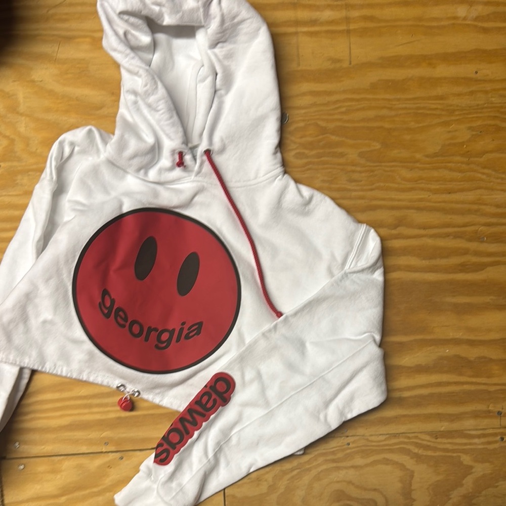 White Cropped Hoodie with Red Graphic - graphic on sleeve- perfect-barely worn